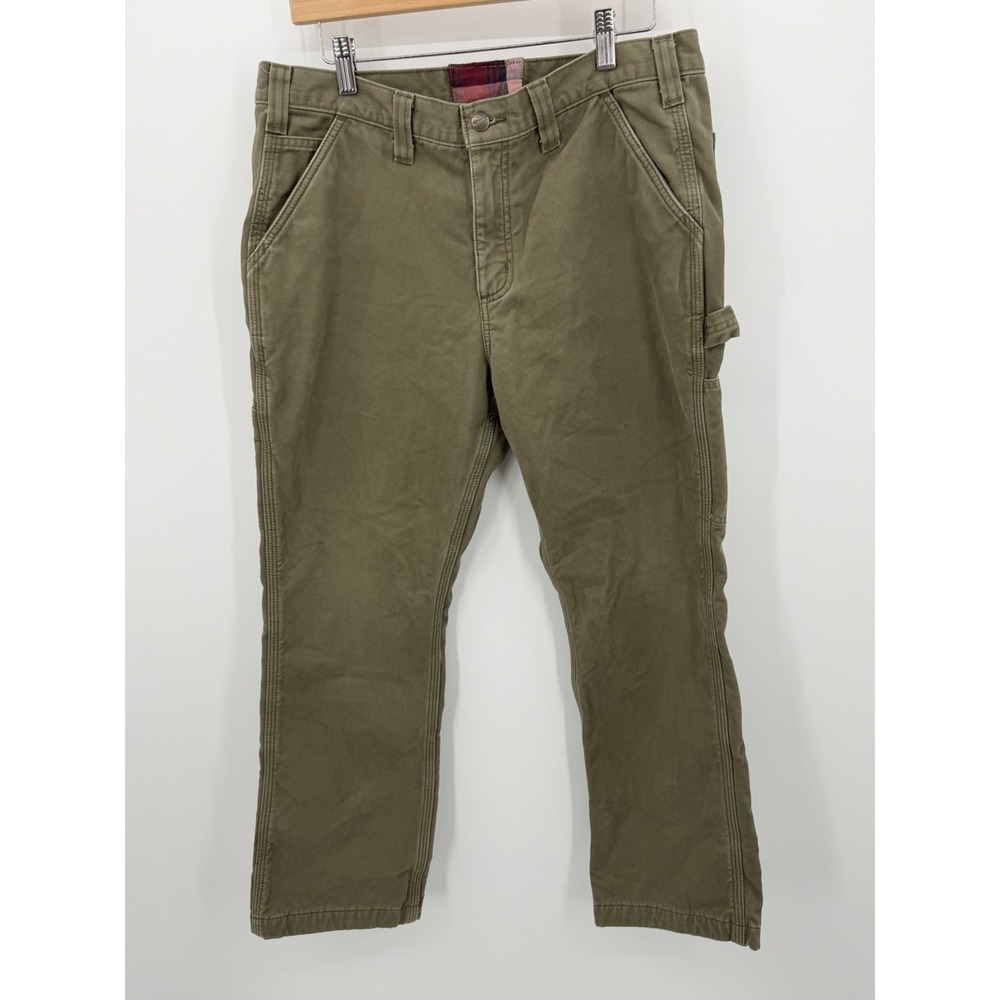 Carhartt Pants Cotton Mens 34x29 Flannel Lined Carpenter Utility Moss Green